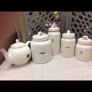 Rae Dunn Lot (4 various-size canisters, 1 teapot)